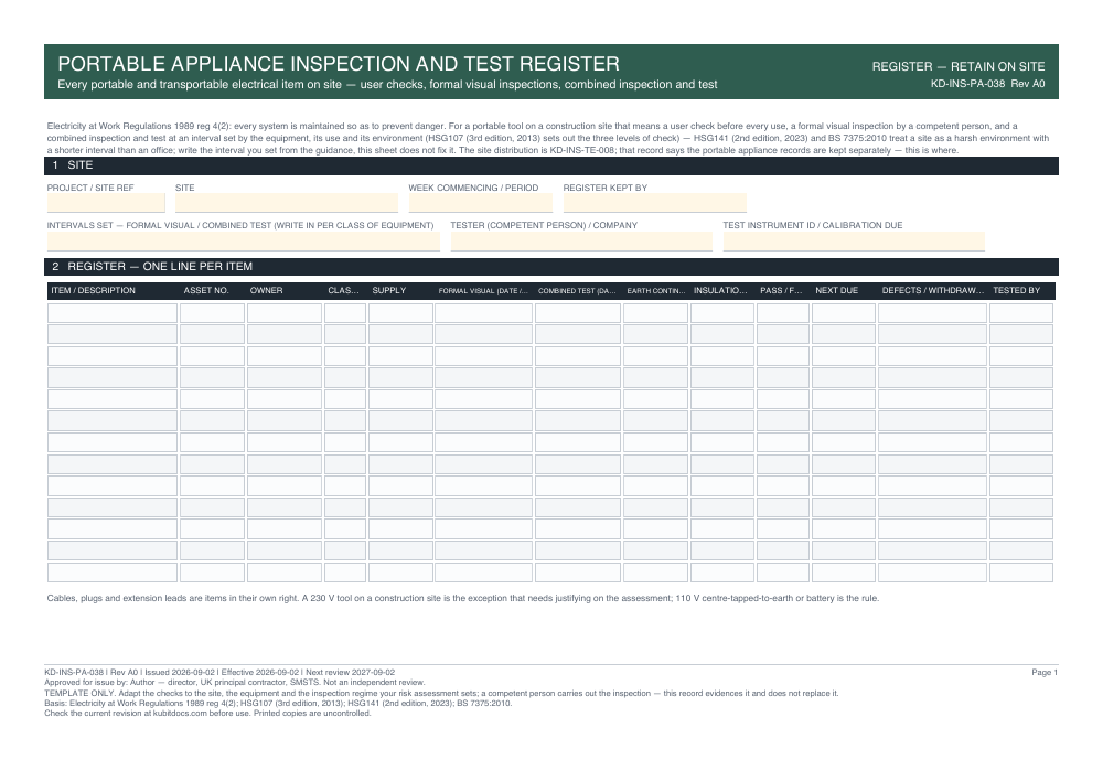 Portable Appliance Inspection and Test Register — page one