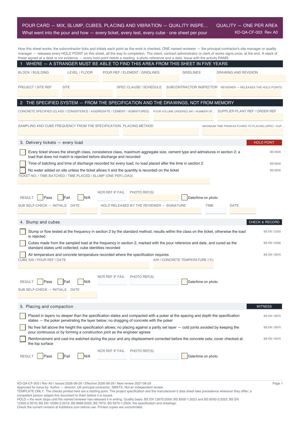 Pour Card — Mix, Slump, Cubes, Placing and Vibration — Quality Inspection Checklist — page one