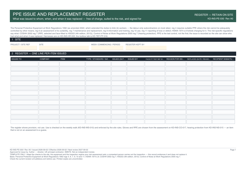 PPE Issue and Replacement Register — page one