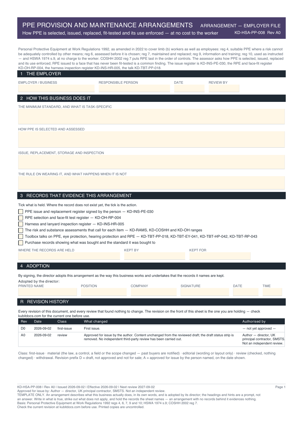 PPE Provision and Maintenance Arrangements — page one