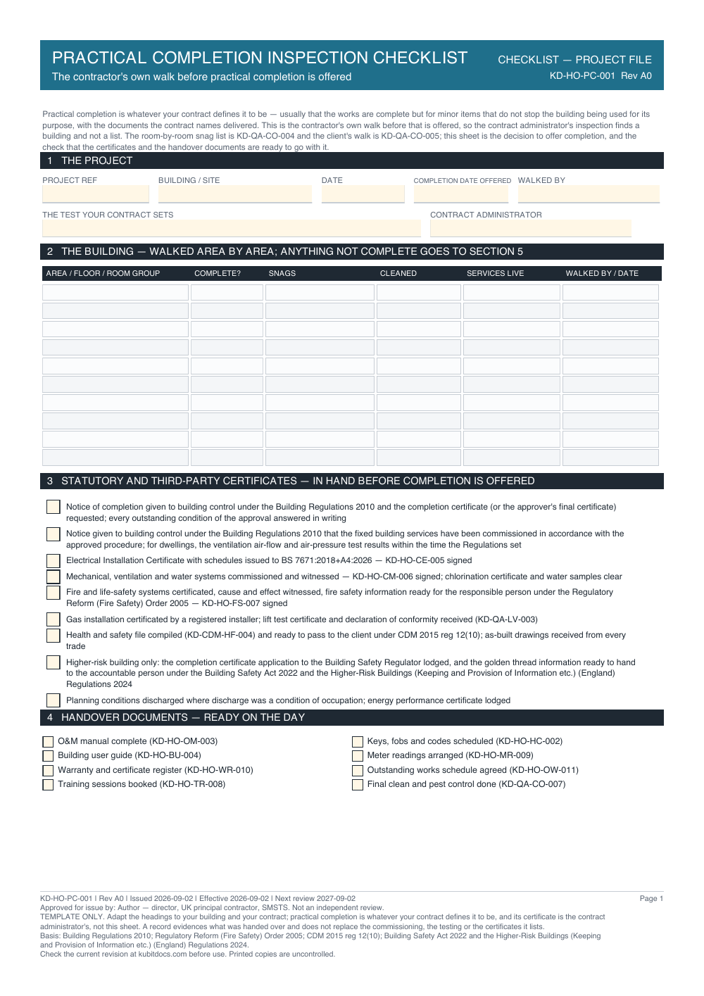 Practical Completion Inspection Checklist — page one