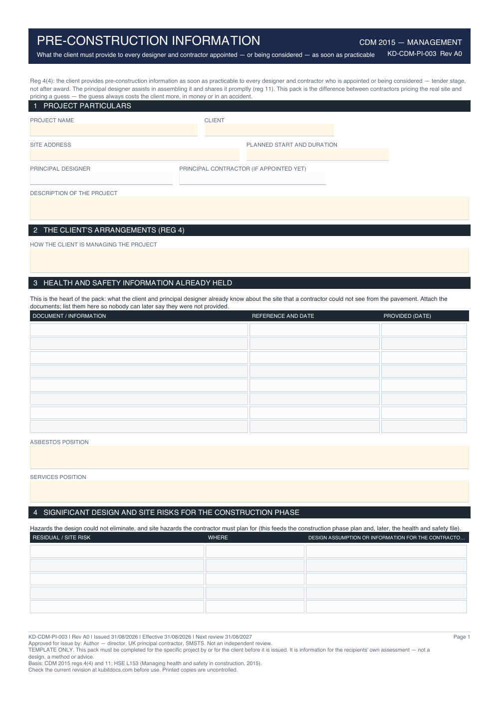Pre-Construction Information — page one