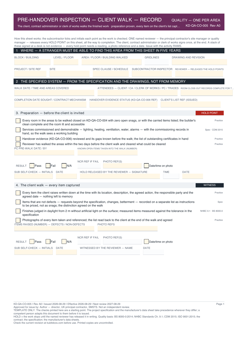 Pre-Handover Inspection — Client Walk — Record — page one