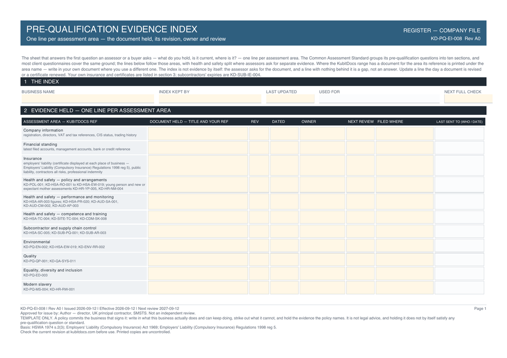 Pre-Qualification Evidence Index — page one