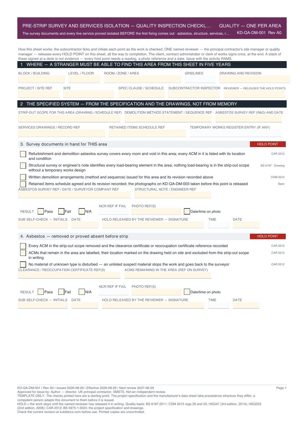 Pre-Strip Survey and Services Isolation — Quality Inspection Checklist — page one