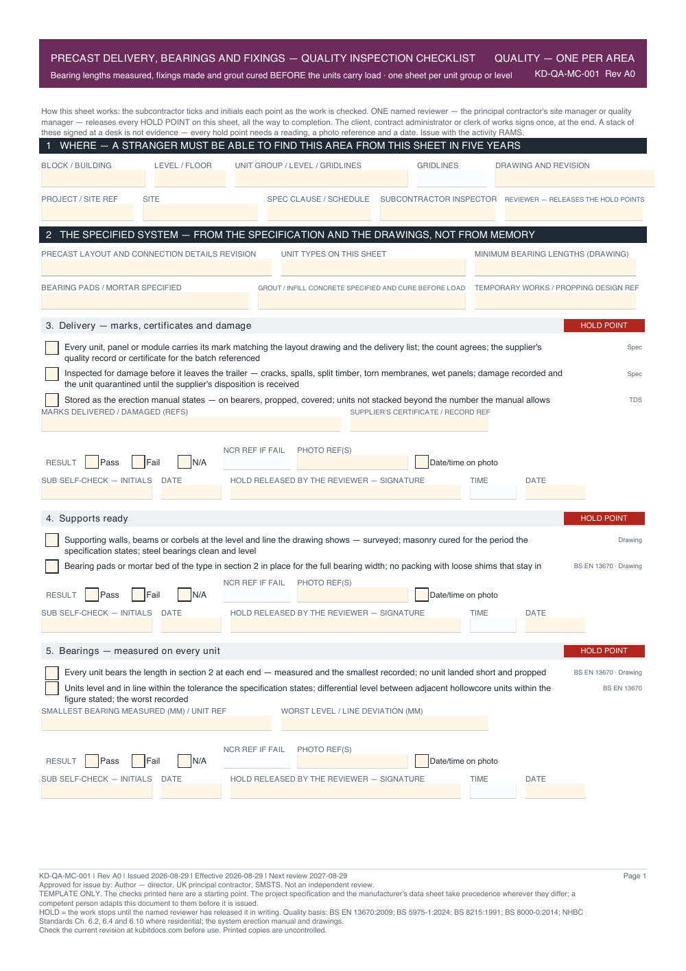 Precast Delivery, Bearings and Fixings — Quality Inspection Checklist — page one