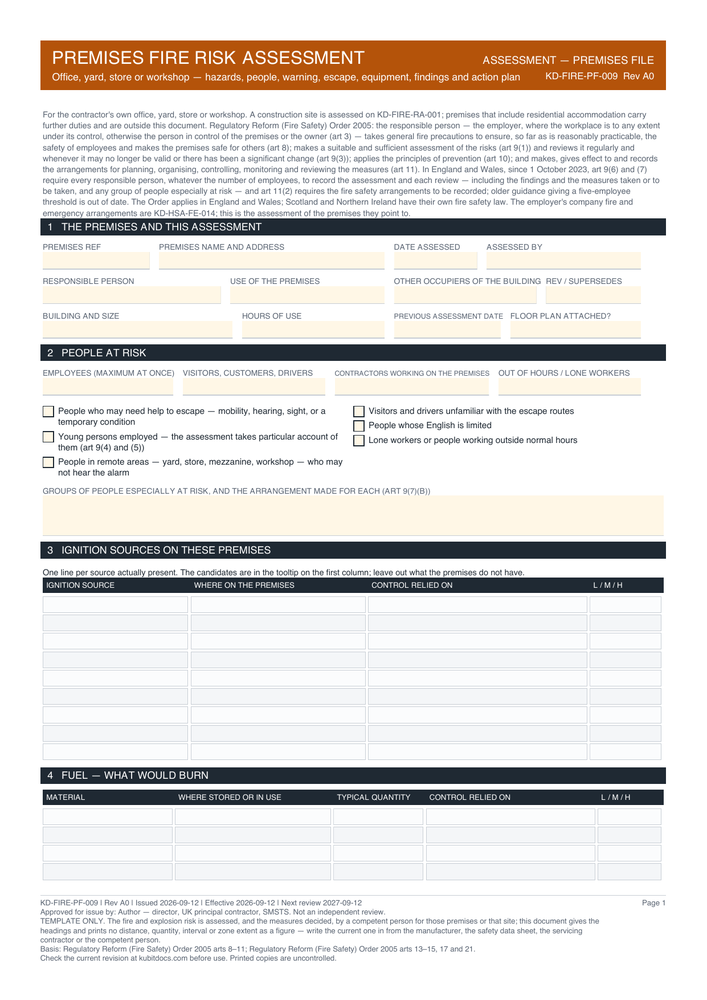 Premises Fire Risk Assessment — page one