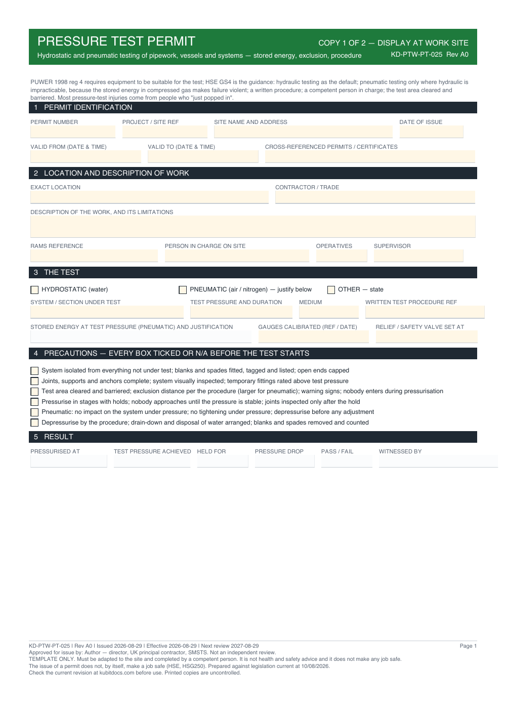 Pressure Test Permit — page one