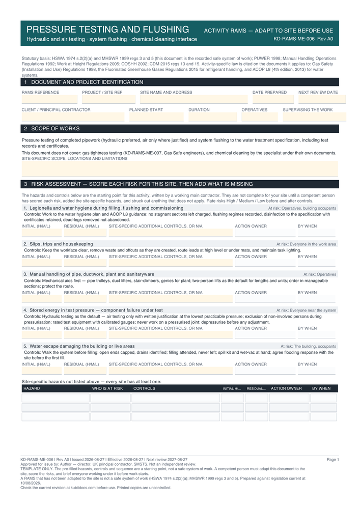 Pressure Testing and Flushing — page one