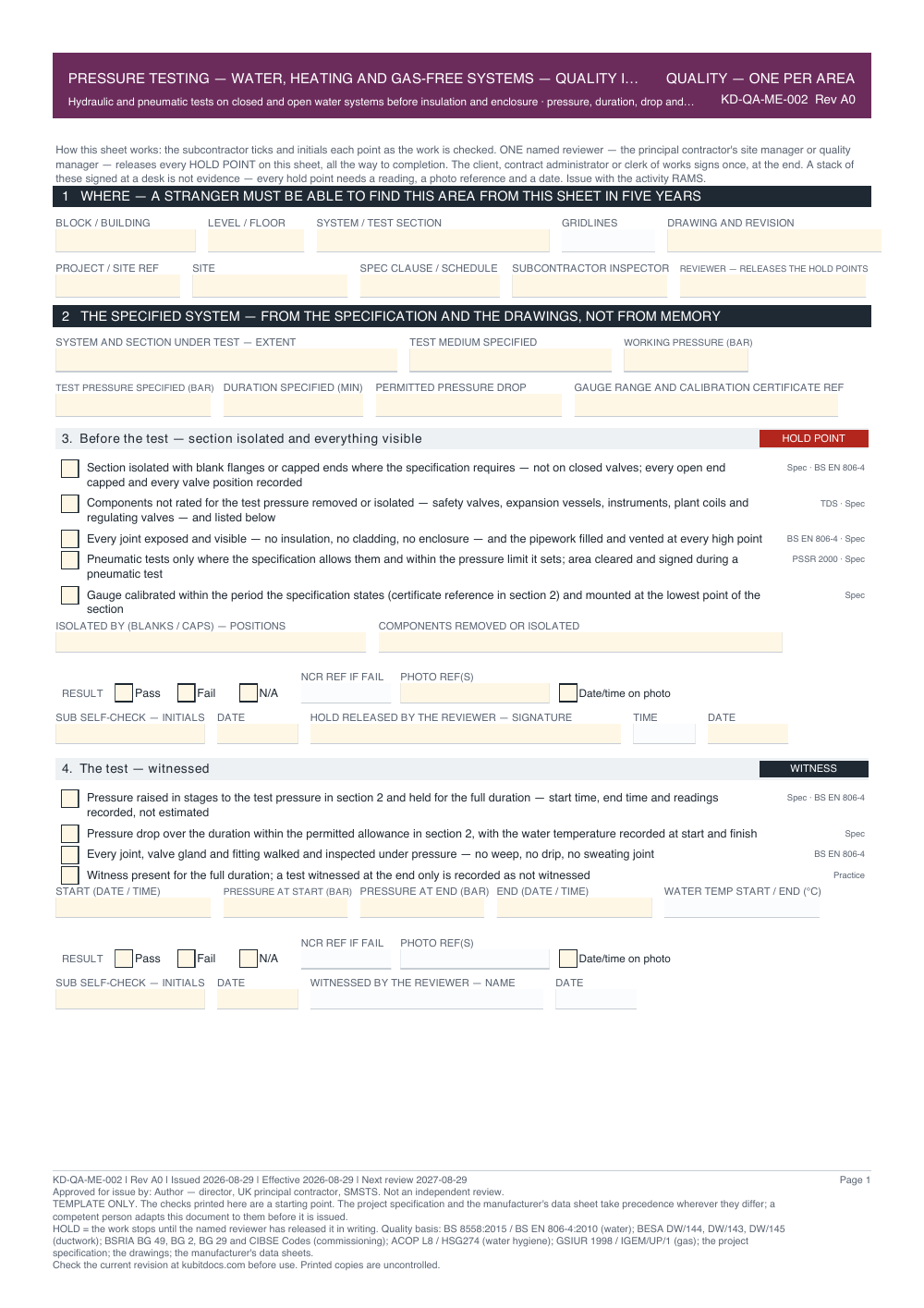 Pressure Testing — Water, Heating and Gas-Free Systems — Quality Inspection Checklist — page one