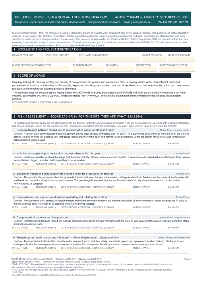 Pressure Vessel Isolation and Depressurisation — page one