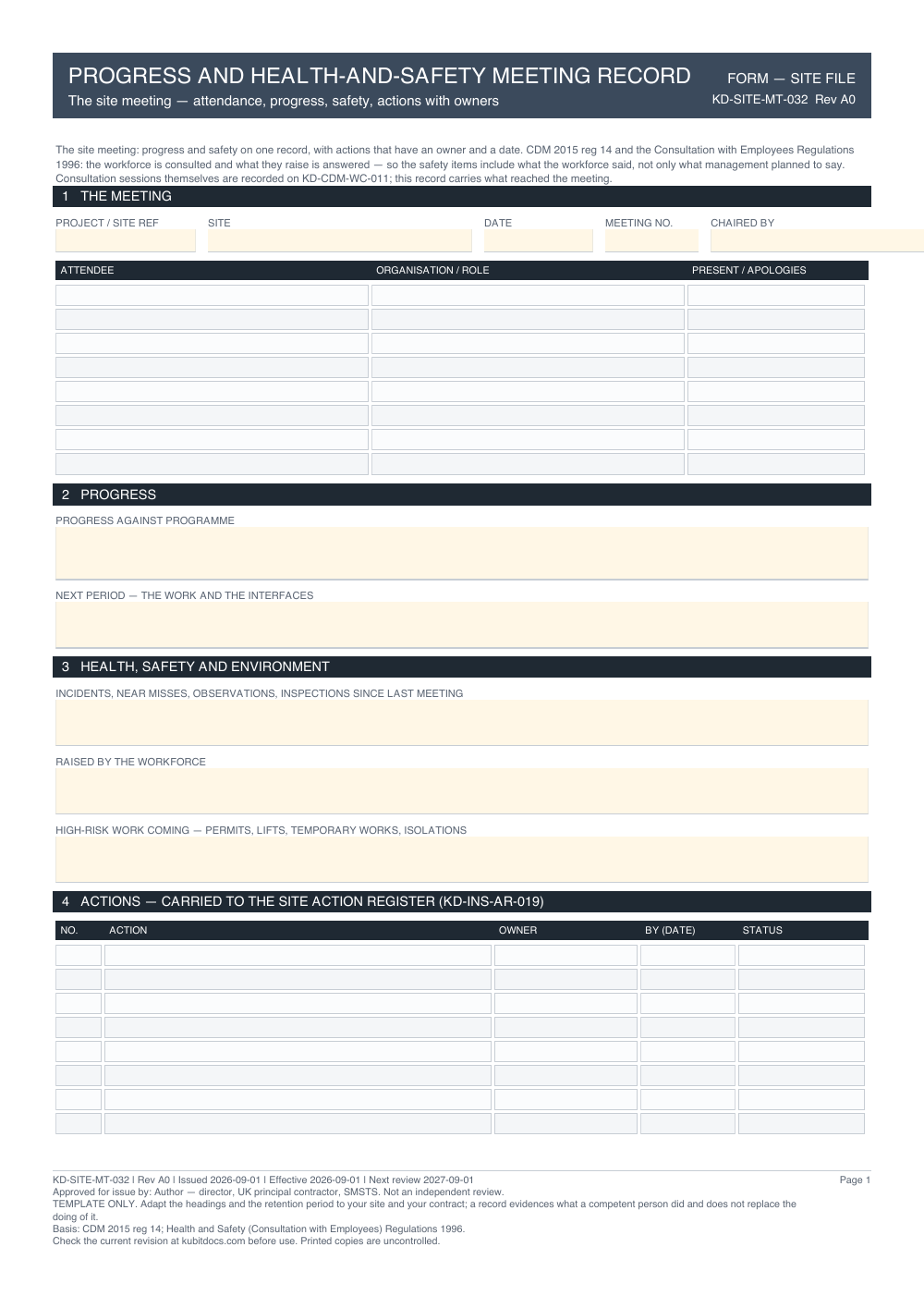 Progress and Health-and-Safety Meeting Record — page one
