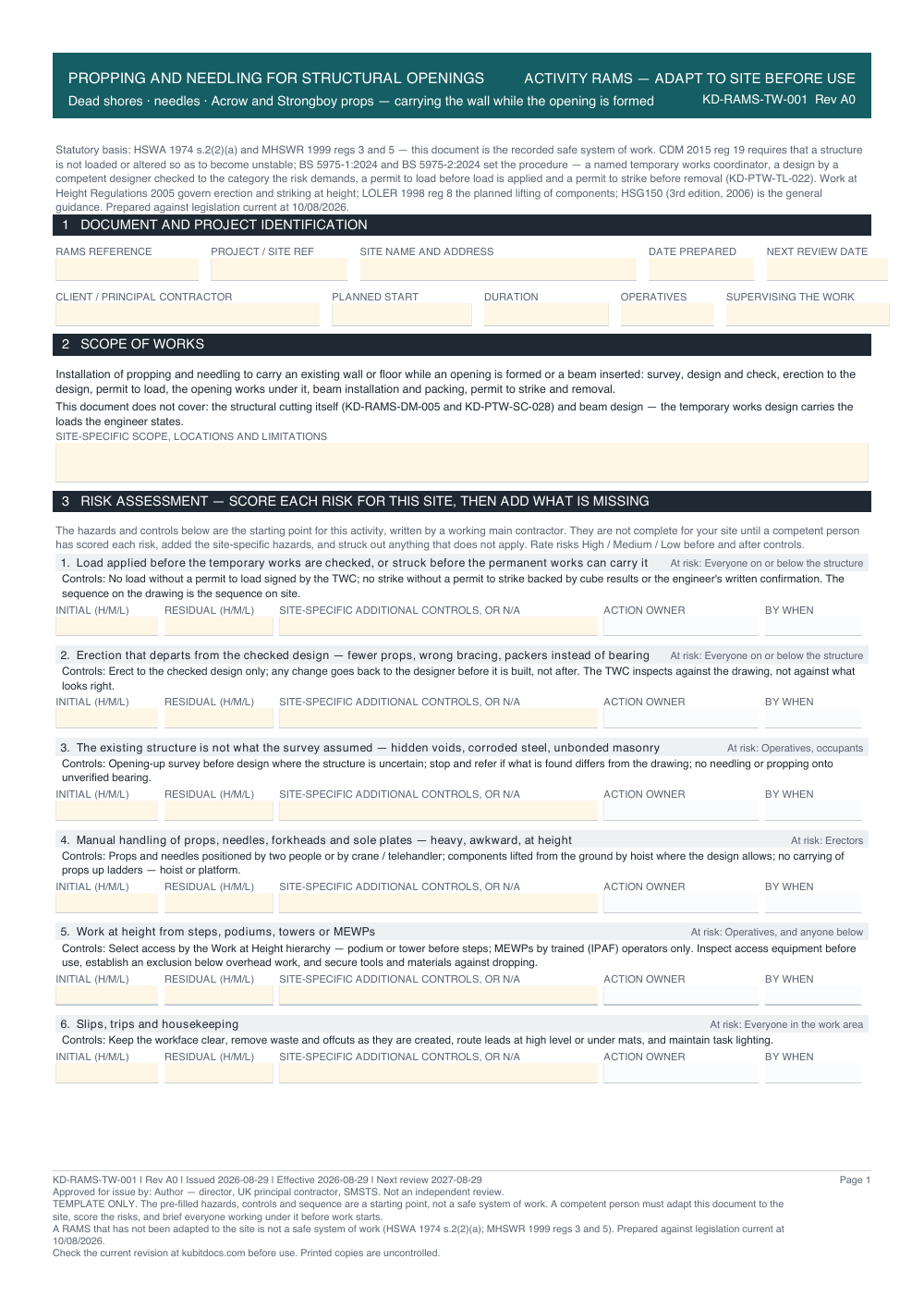 Propping and Needling for Structural Openings — page one
