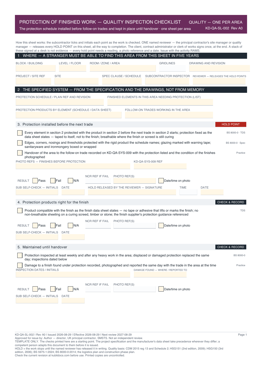 Protection of Finished Work — Quality Inspection Checklist — page one