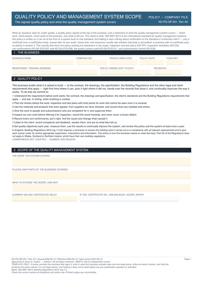 Quality Policy and Management System Scope — page one