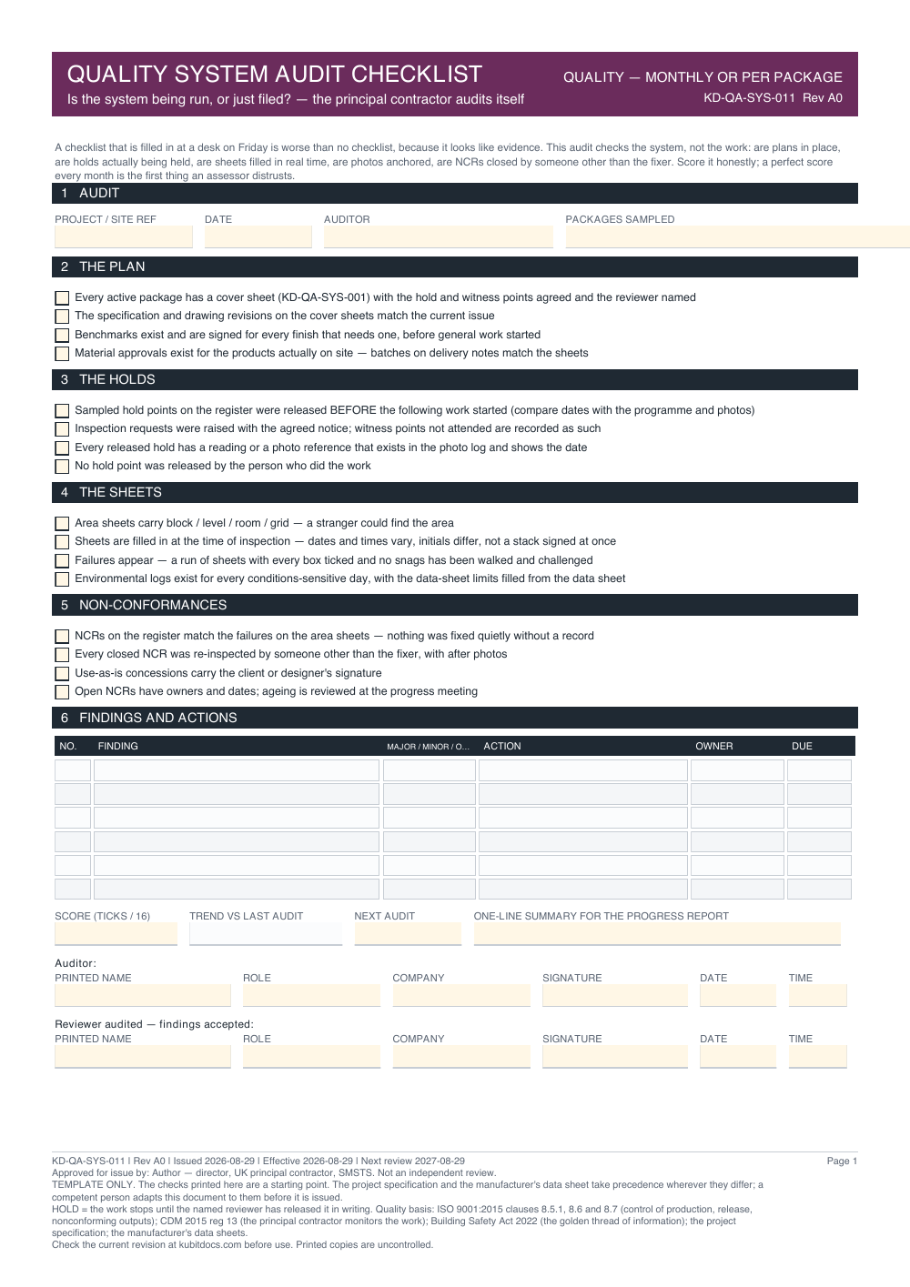Quality System Audit Checklist — page one