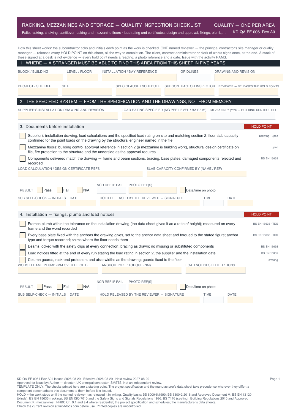 Racking, Mezzanines and Storage — Quality Inspection Checklist — page one