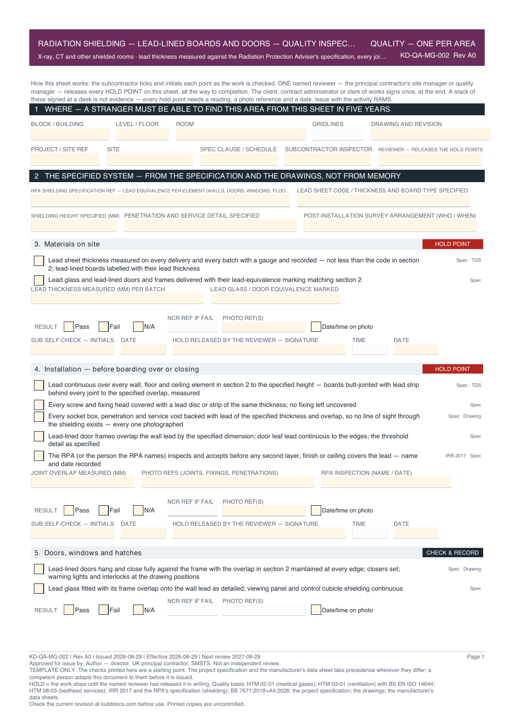 Radiation Shielding — Lead-Lined Boards and Doors — Quality Inspection Checklist — page one