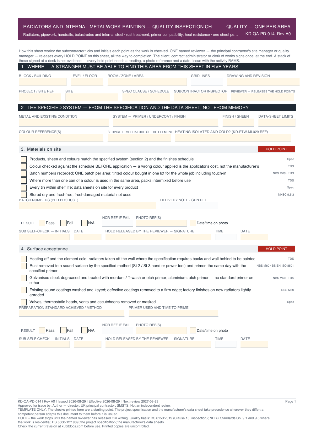 Radiators and Internal Metalwork Painting — Quality Inspection Checklist — page one