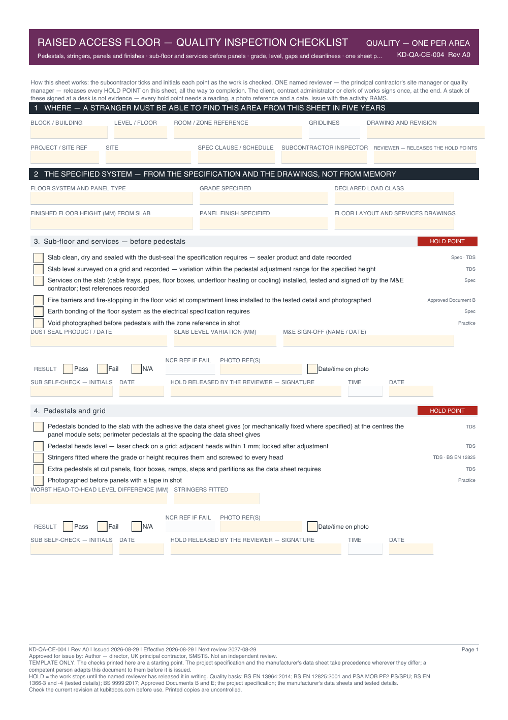 Raised Access Floor — Quality Inspection Checklist — page one