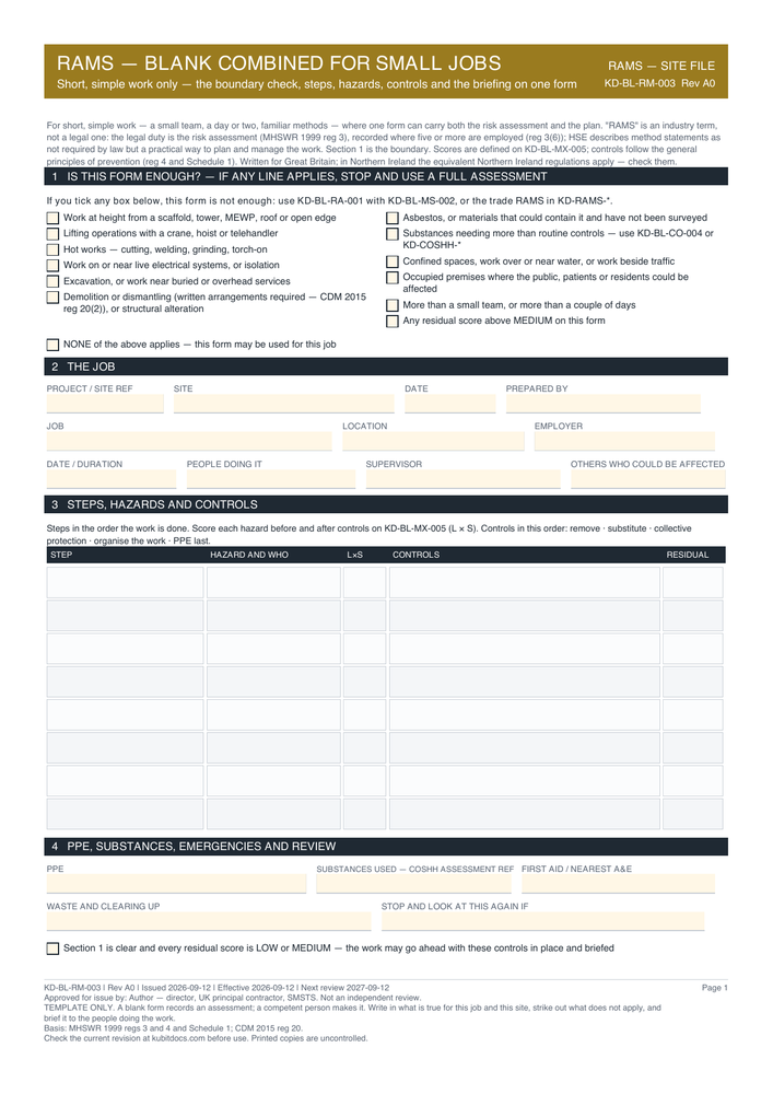 RAMS — Blank Combined for Small Jobs — page one