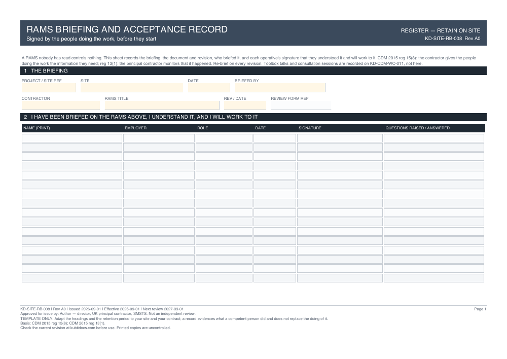 RAMS Briefing and Acceptance Record — page one