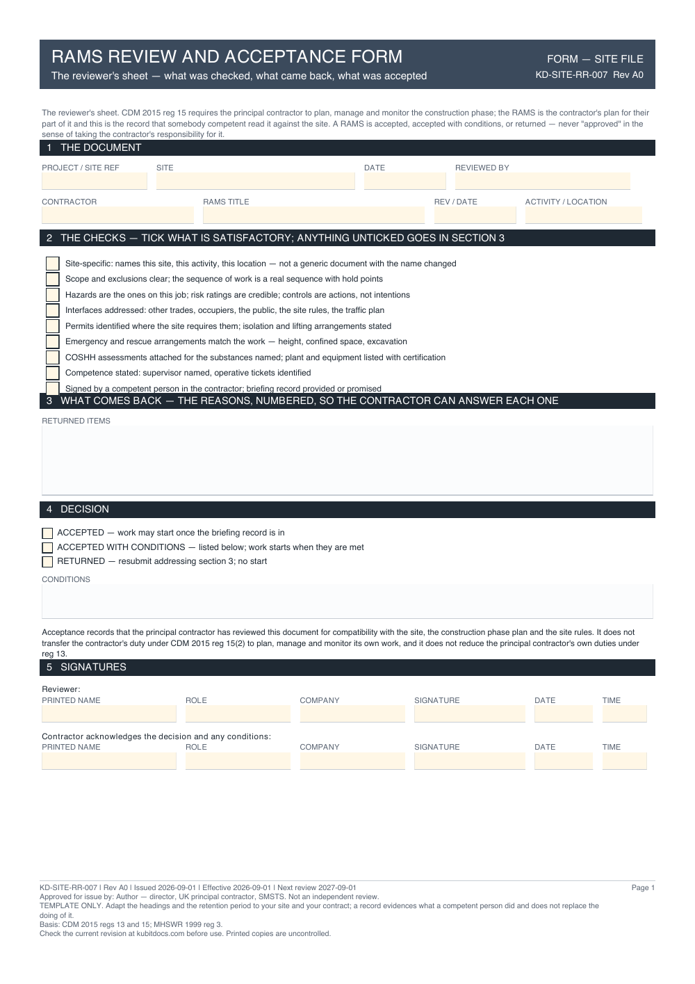 RAMS Review and Acceptance Form — page one
