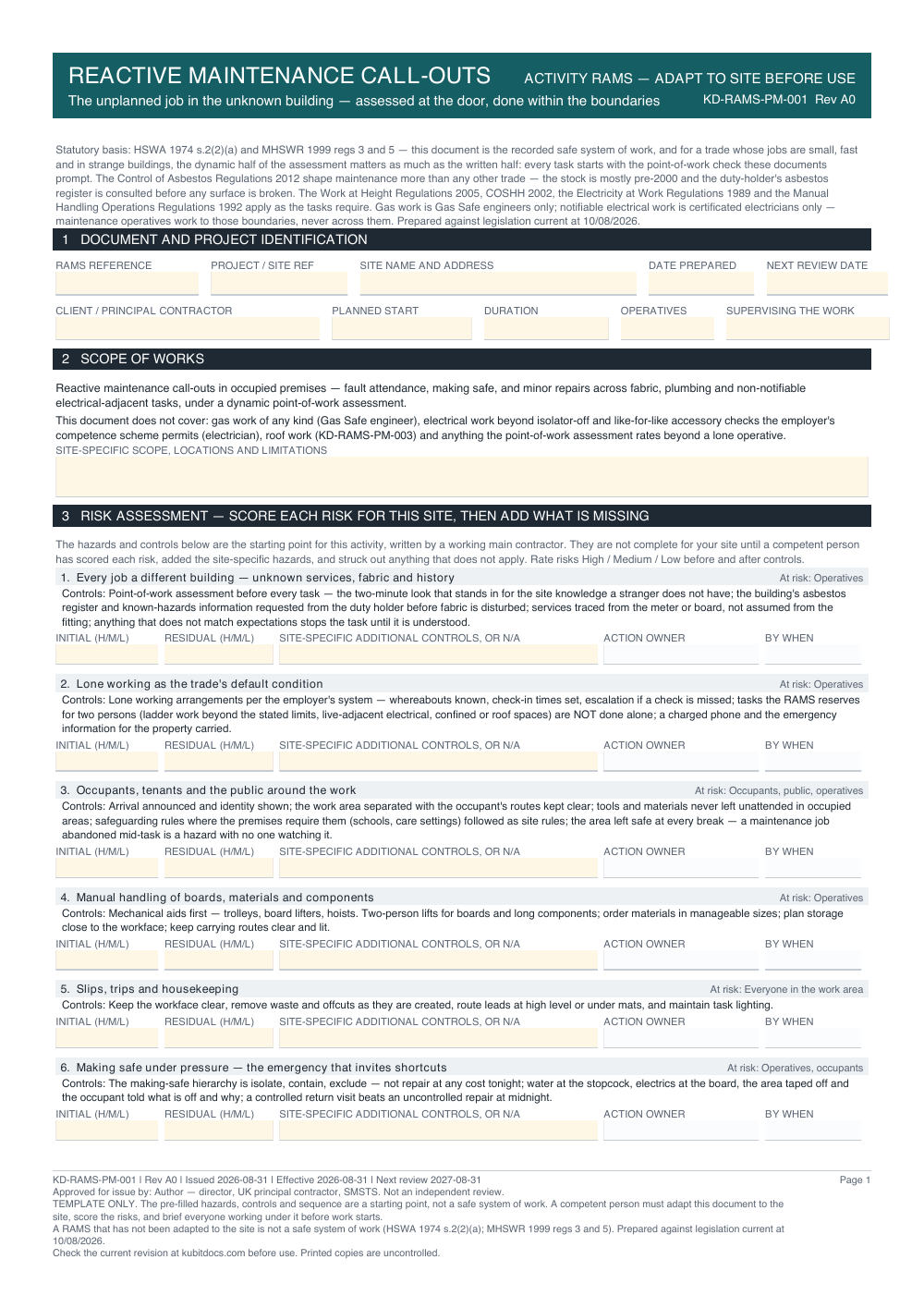 Reactive Maintenance Call-Outs — page one