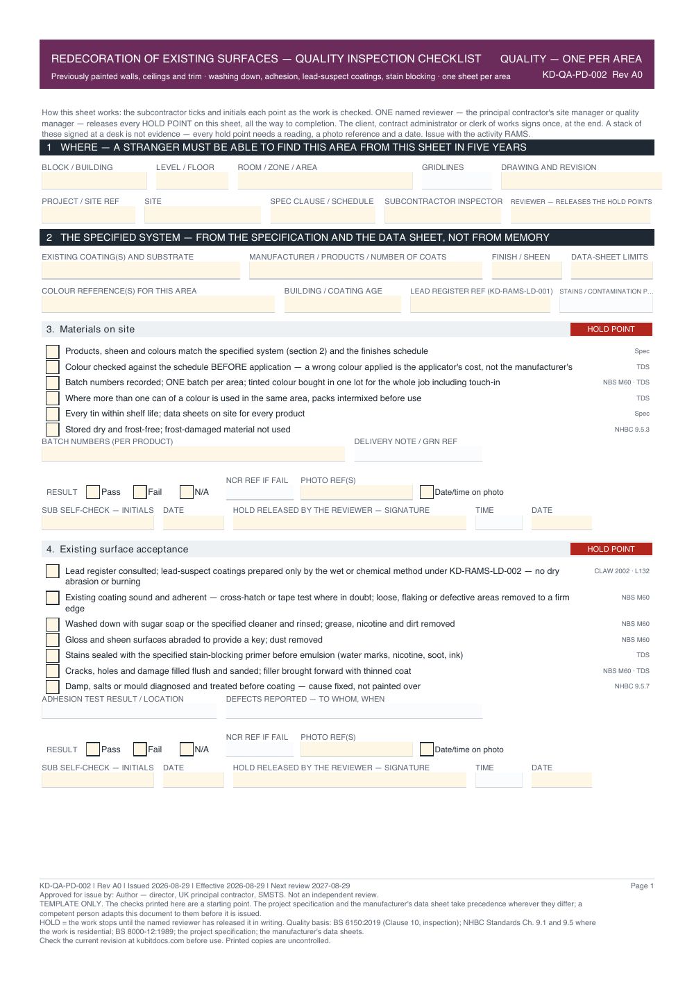 Redecoration of Existing Surfaces — Quality Inspection Checklist — page one