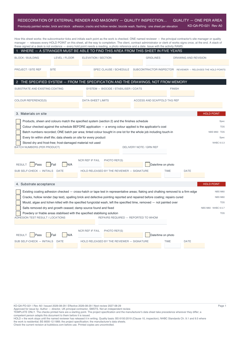 Redecoration of External Render and Masonry — Quality Inspection Checklist — page one