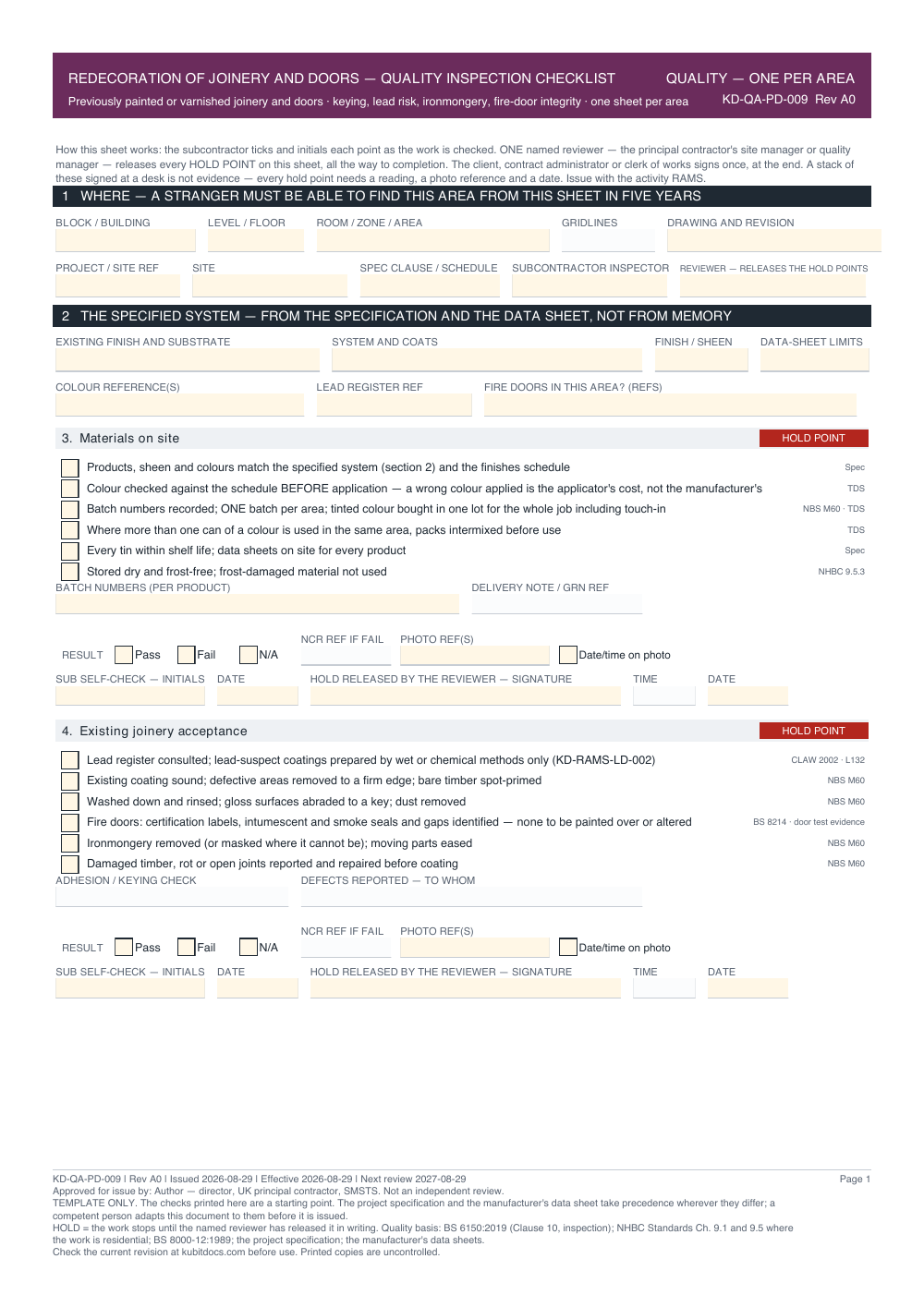 Redecoration of Joinery and Doors — Quality Inspection Checklist — page one