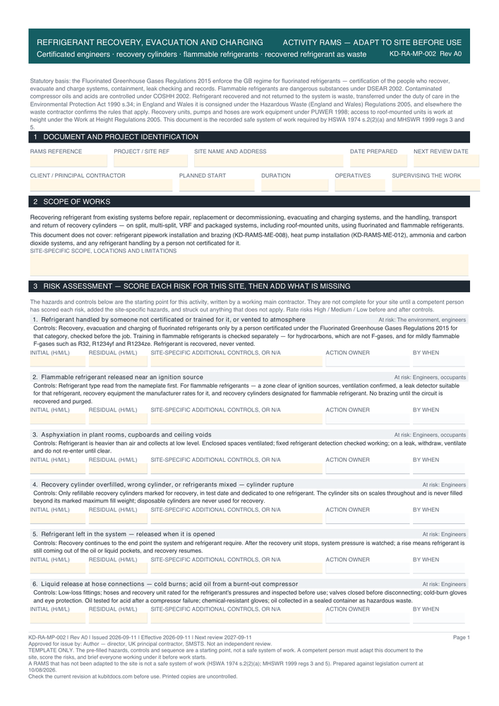 Refrigerant Recovery, Evacuation and Charging — page one
