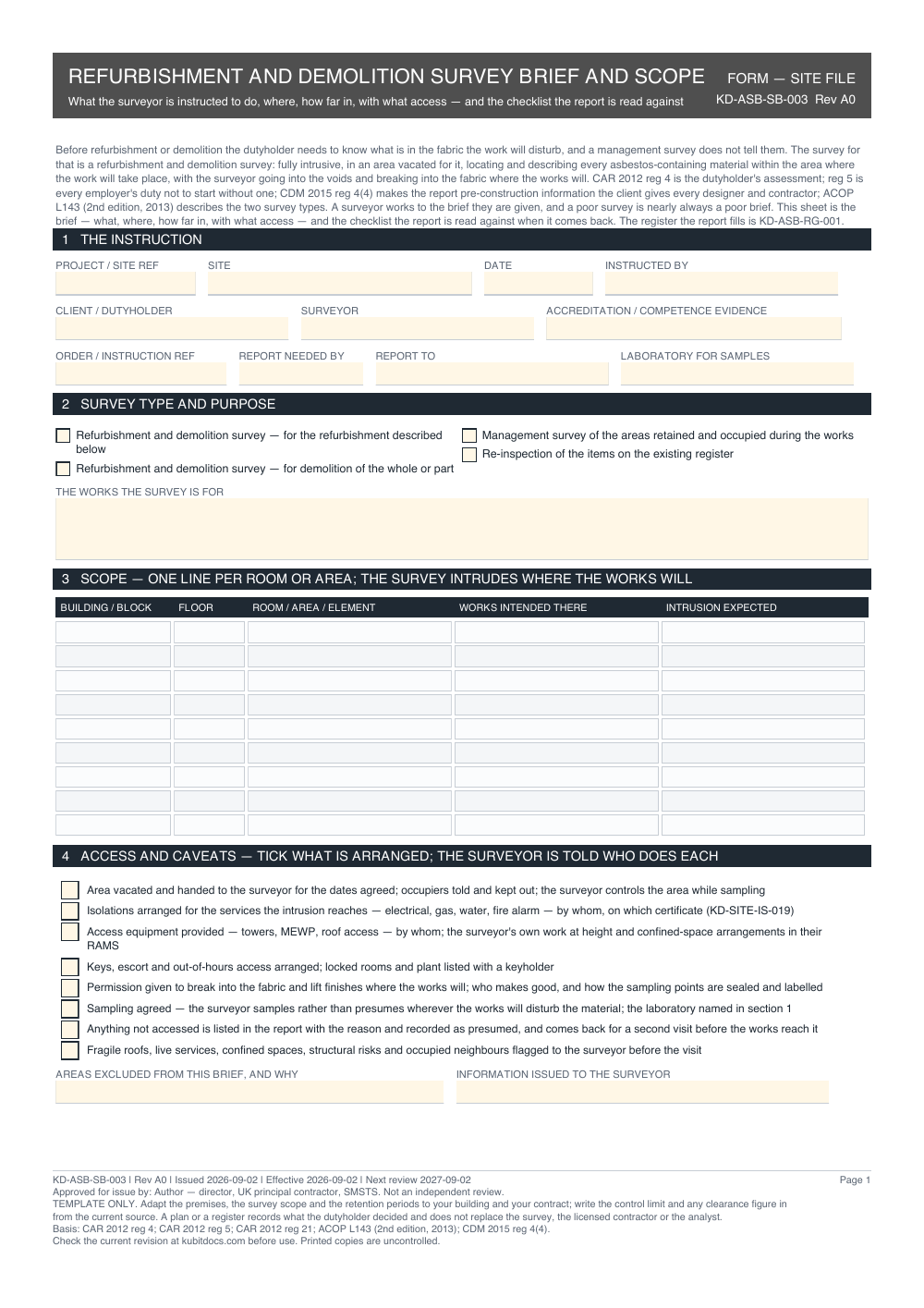 Refurbishment and Demolition Survey Brief and Scope — page one