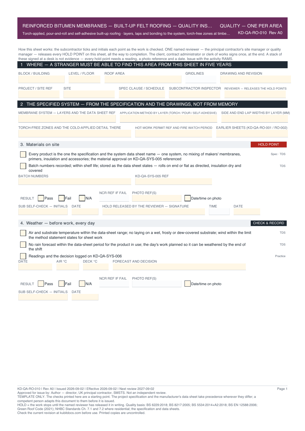 Reinforced Bitumen Membranes — Built-Up Felt Roofing — Quality Inspection Checklist — page one