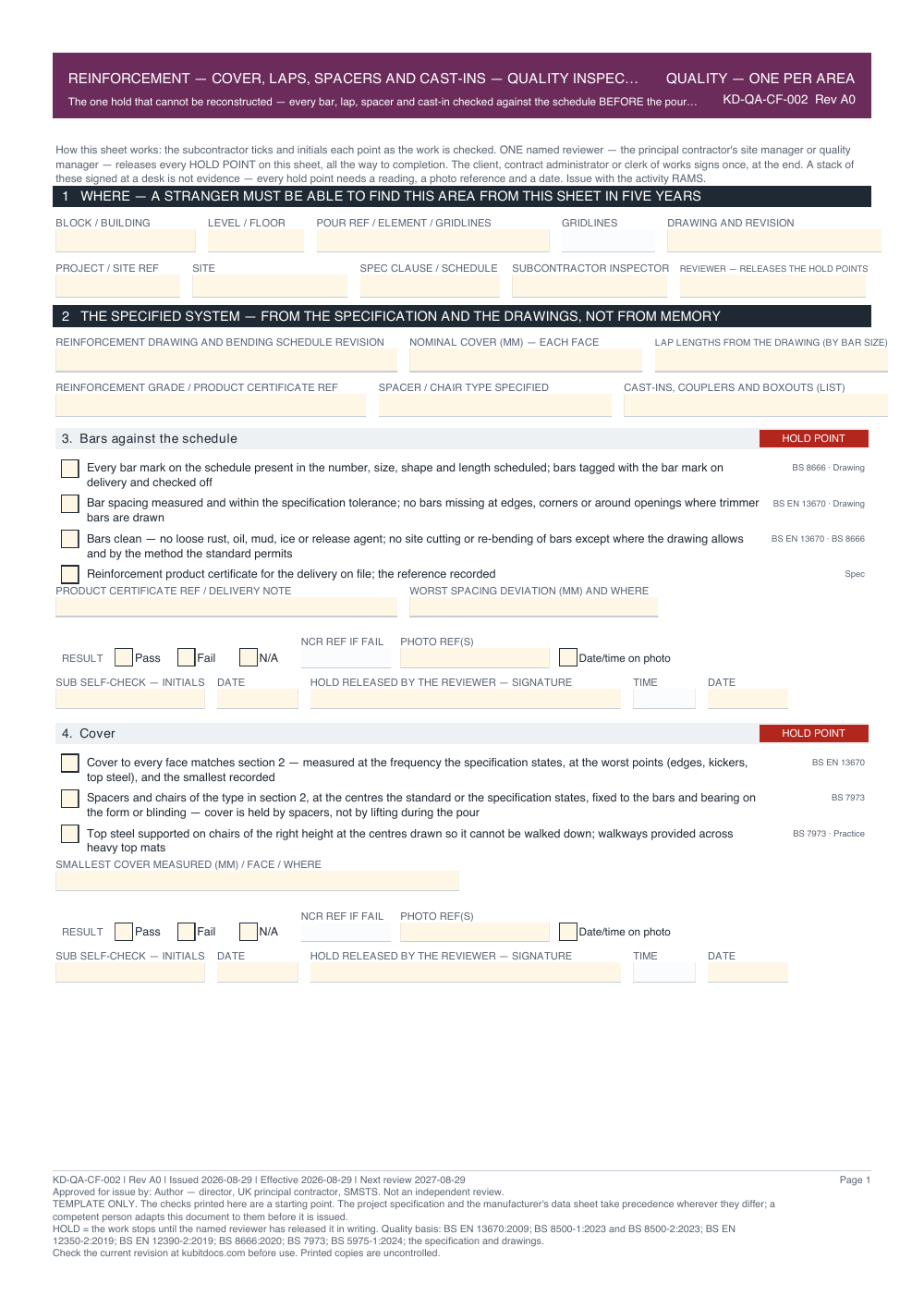 Reinforcement — Cover, Laps, Spacers and Cast-Ins — Quality Inspection Checklist — page one