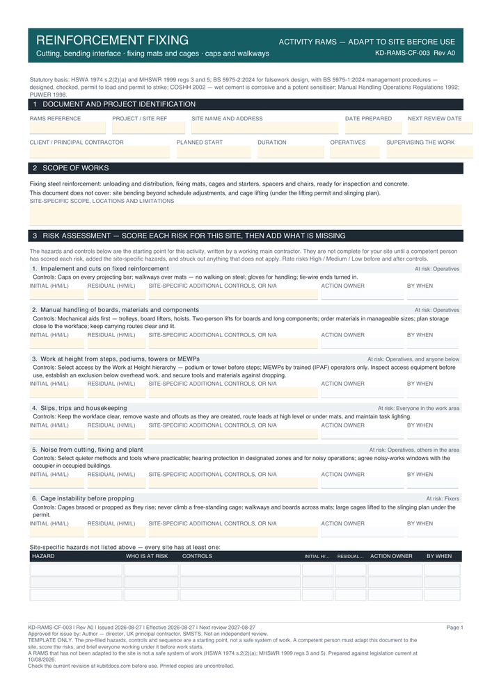 Reinforcement Fixing — page one