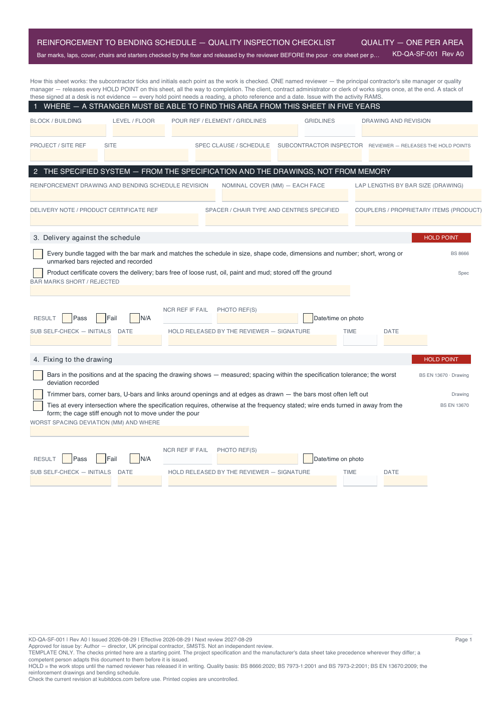 Reinforcement to Bending Schedule — Quality Inspection Checklist — page one