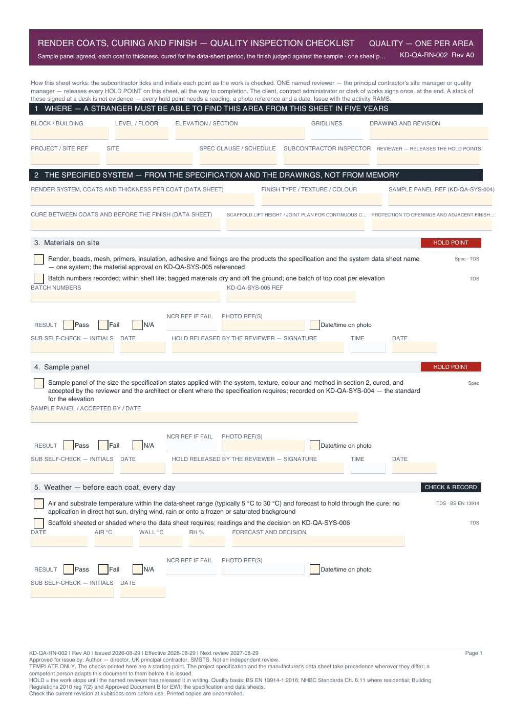 Render Coats, Curing and Finish — Quality Inspection Checklist — page one