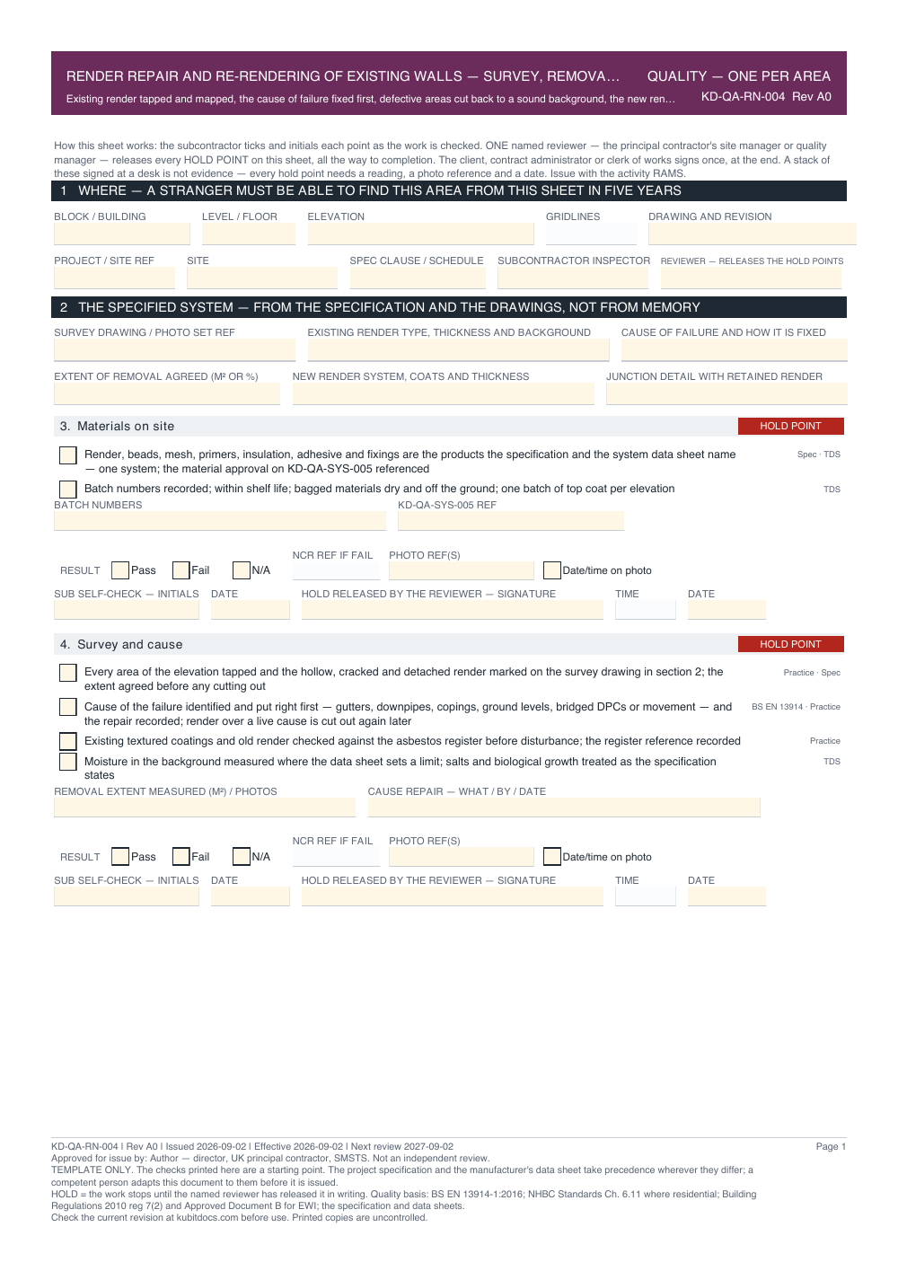 Render Repair and Re-Rendering of Existing Walls — Survey, Removal, Making Good and New Coats — Quality Inspection Checklist — page one