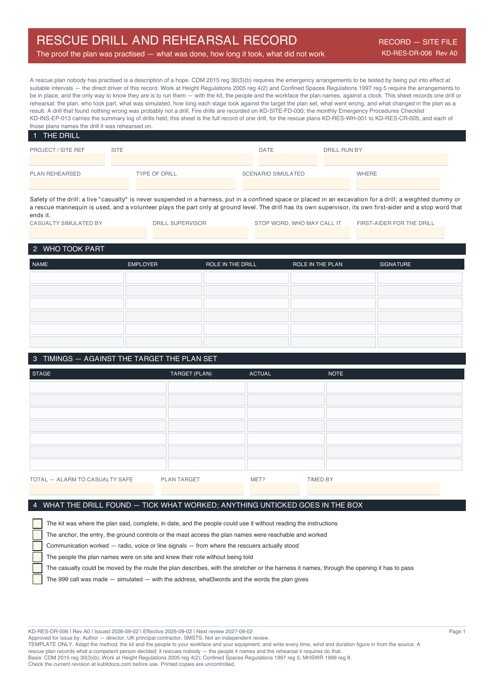 Rescue Drill and Rehearsal Record — page one