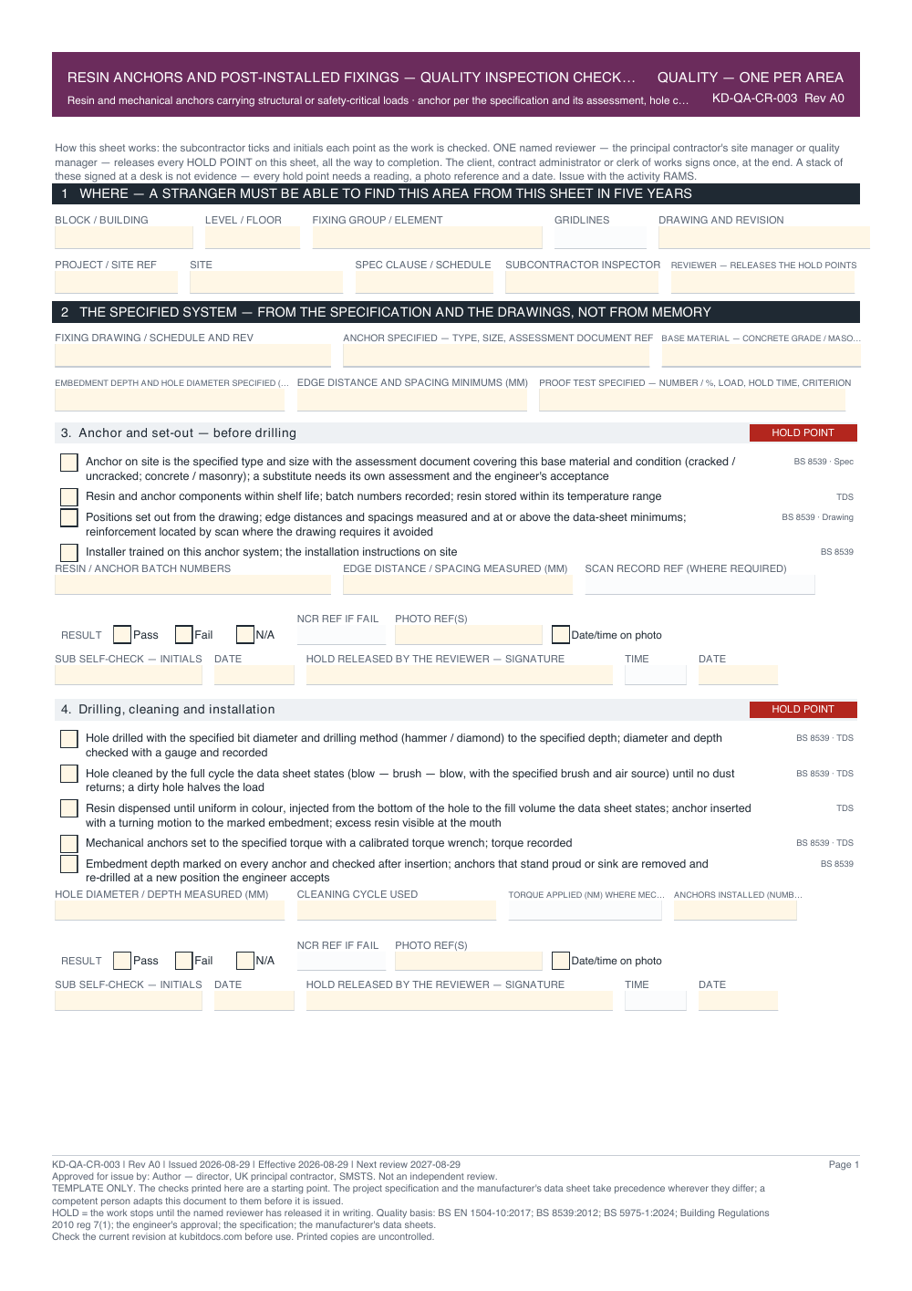 Resin Anchors and Post-Installed Fixings — Quality Inspection Checklist — page one