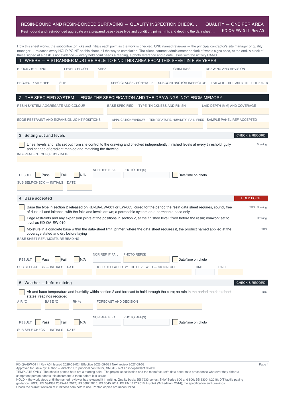 Resin-Bound and Resin-Bonded Surfacing — Quality Inspection Checklist — page one