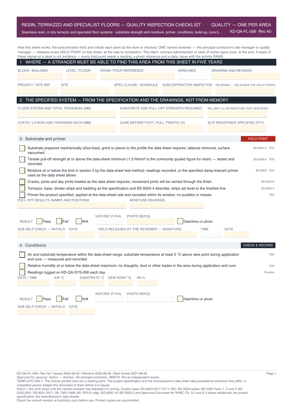 Resin, Terrazzo and Specialist Floors — Quality Inspection Checklist — page one