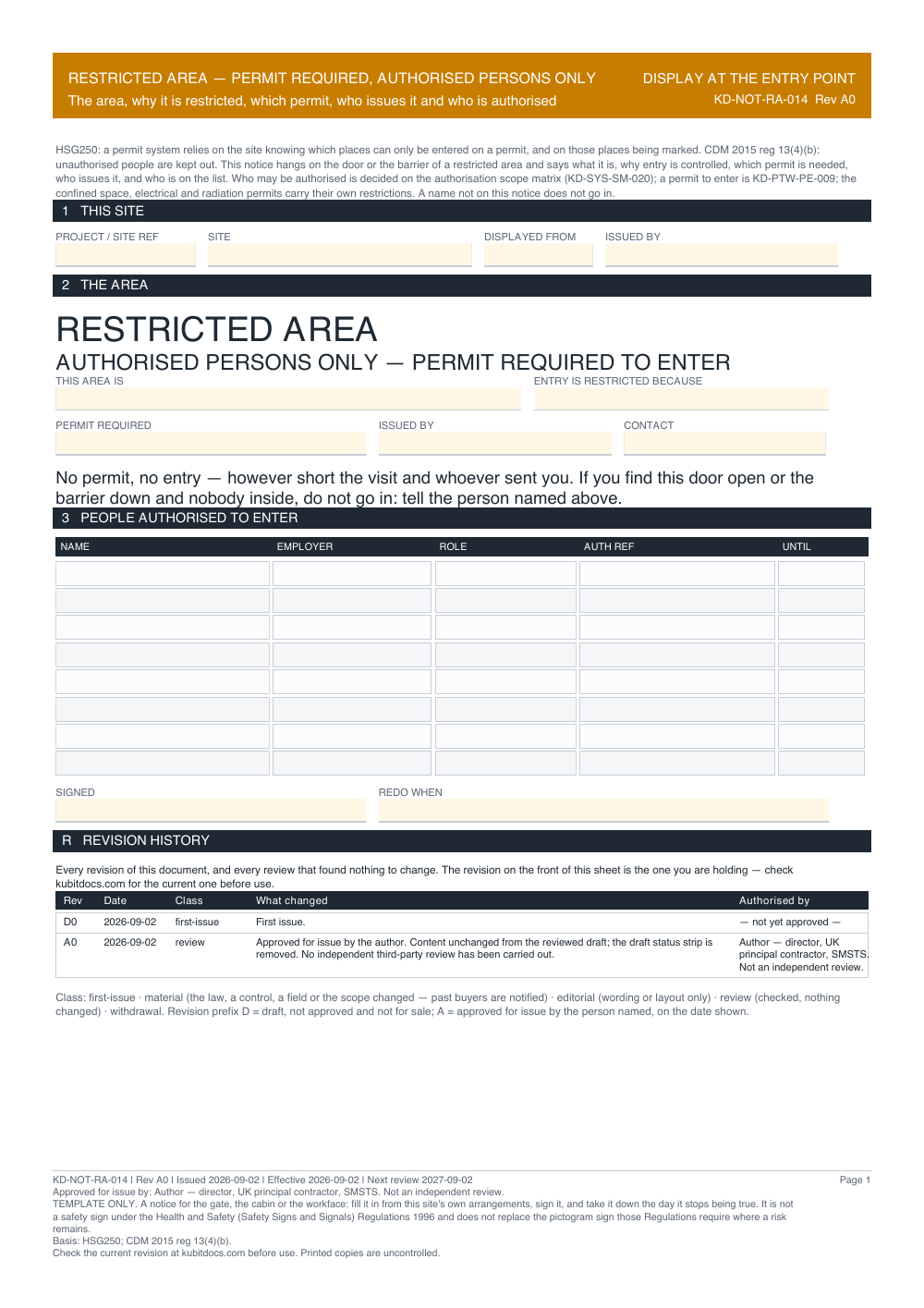 Restricted Area — Permit Required, Authorised Persons Only — page one