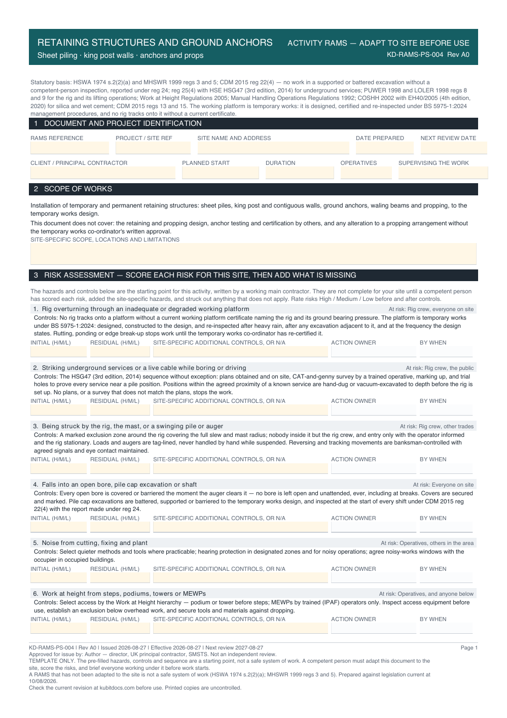 Retaining Structures and Ground Anchors — page one