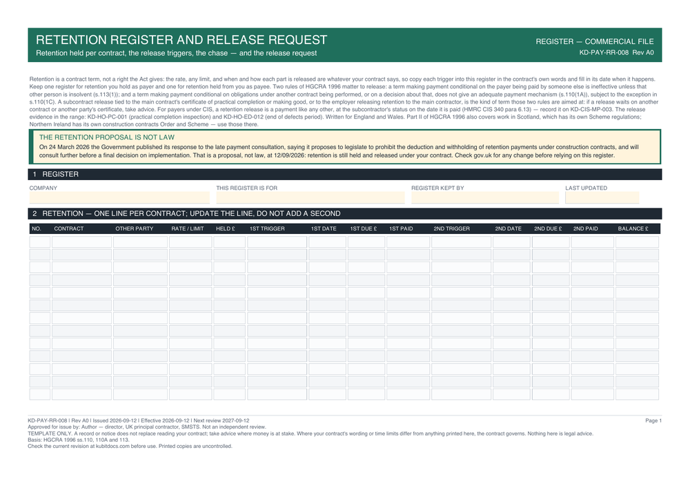 Retention Register and Release Request — page one