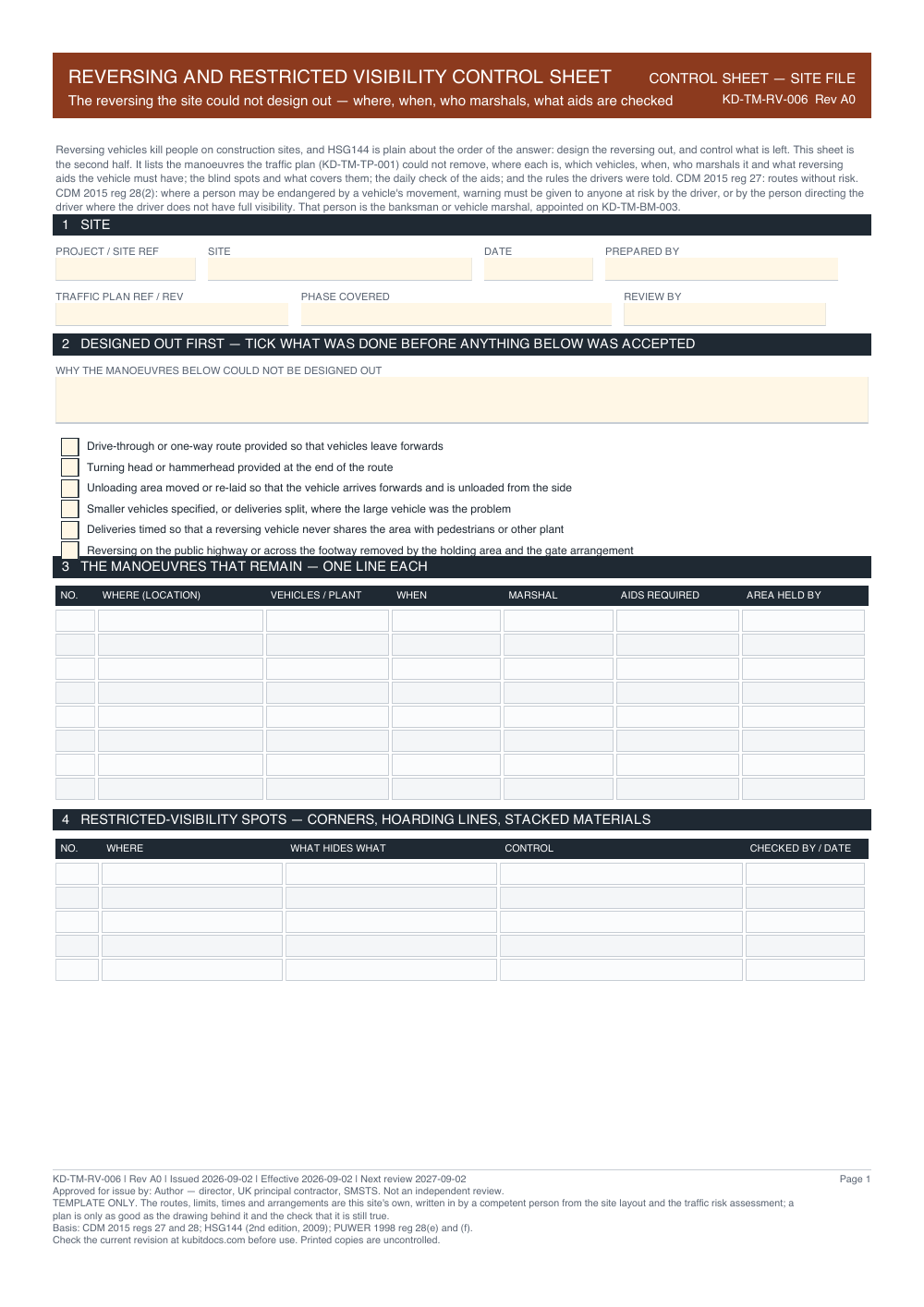 Reversing and Restricted Visibility Control Sheet — page one