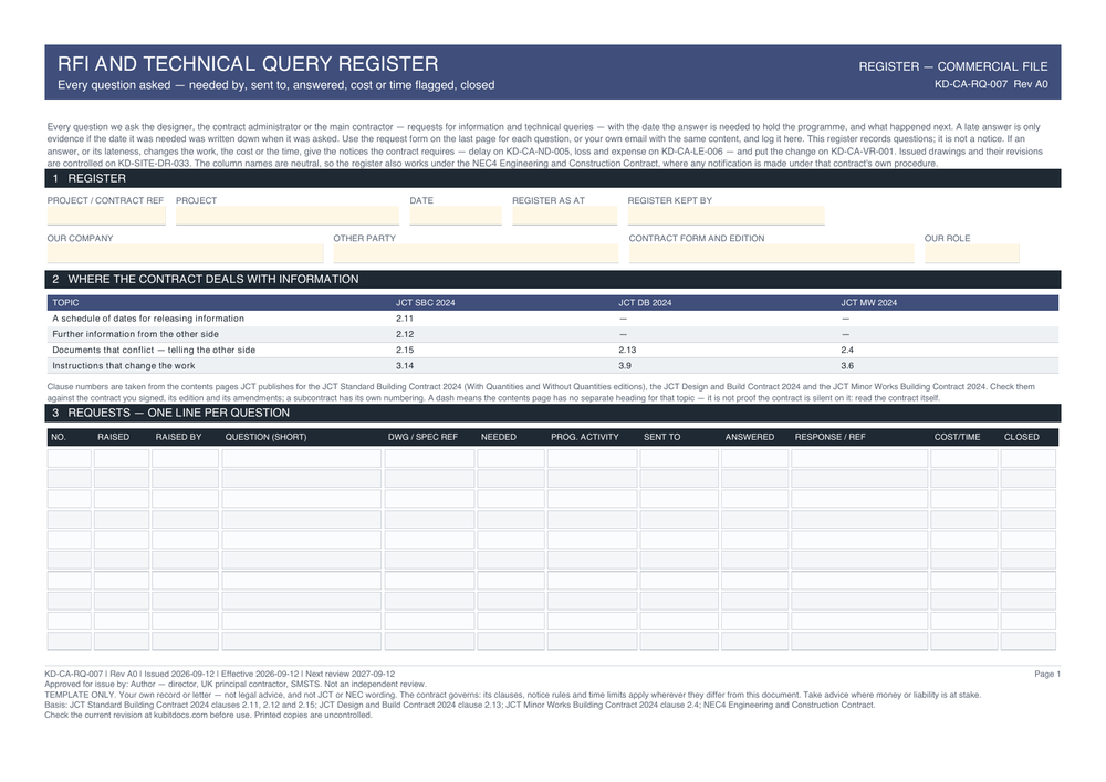 RFI and Technical Query Register — page one