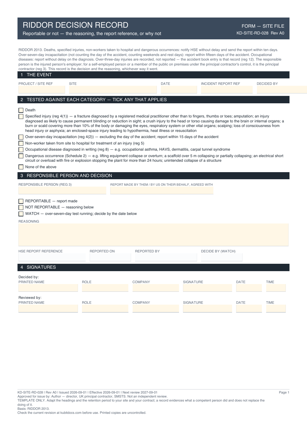 RIDDOR Decision Record — page one