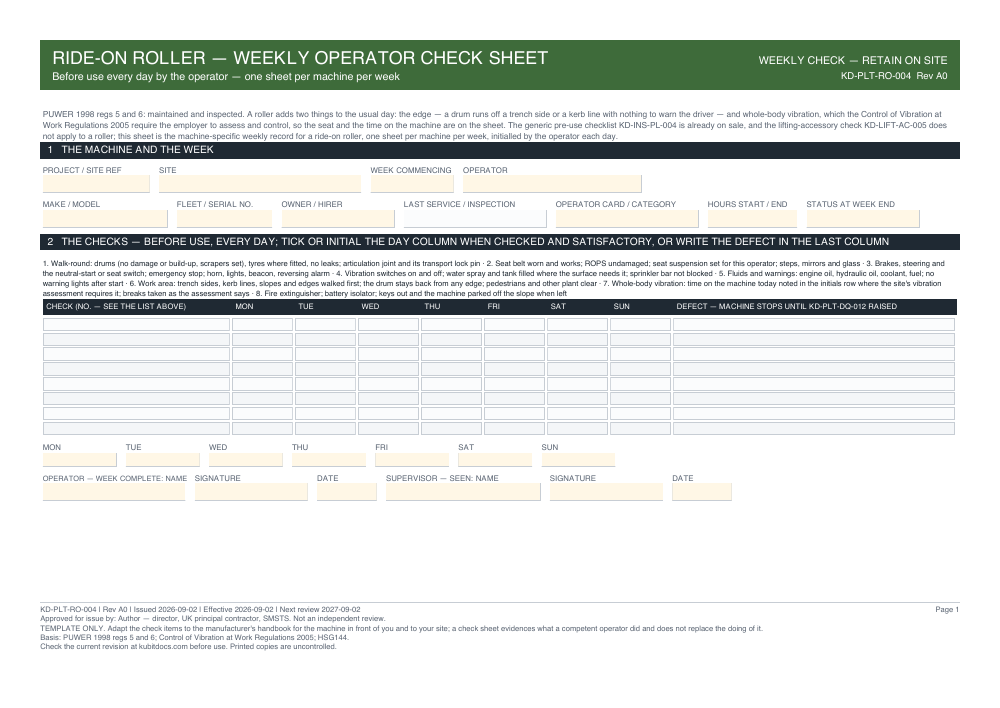 Ride-On Roller — Weekly Operator Check Sheet — page one
